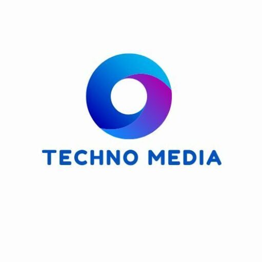 an intertwining circular gradient design in blue and purple, with "TECHNO MEDIA" text in dark blue below it.